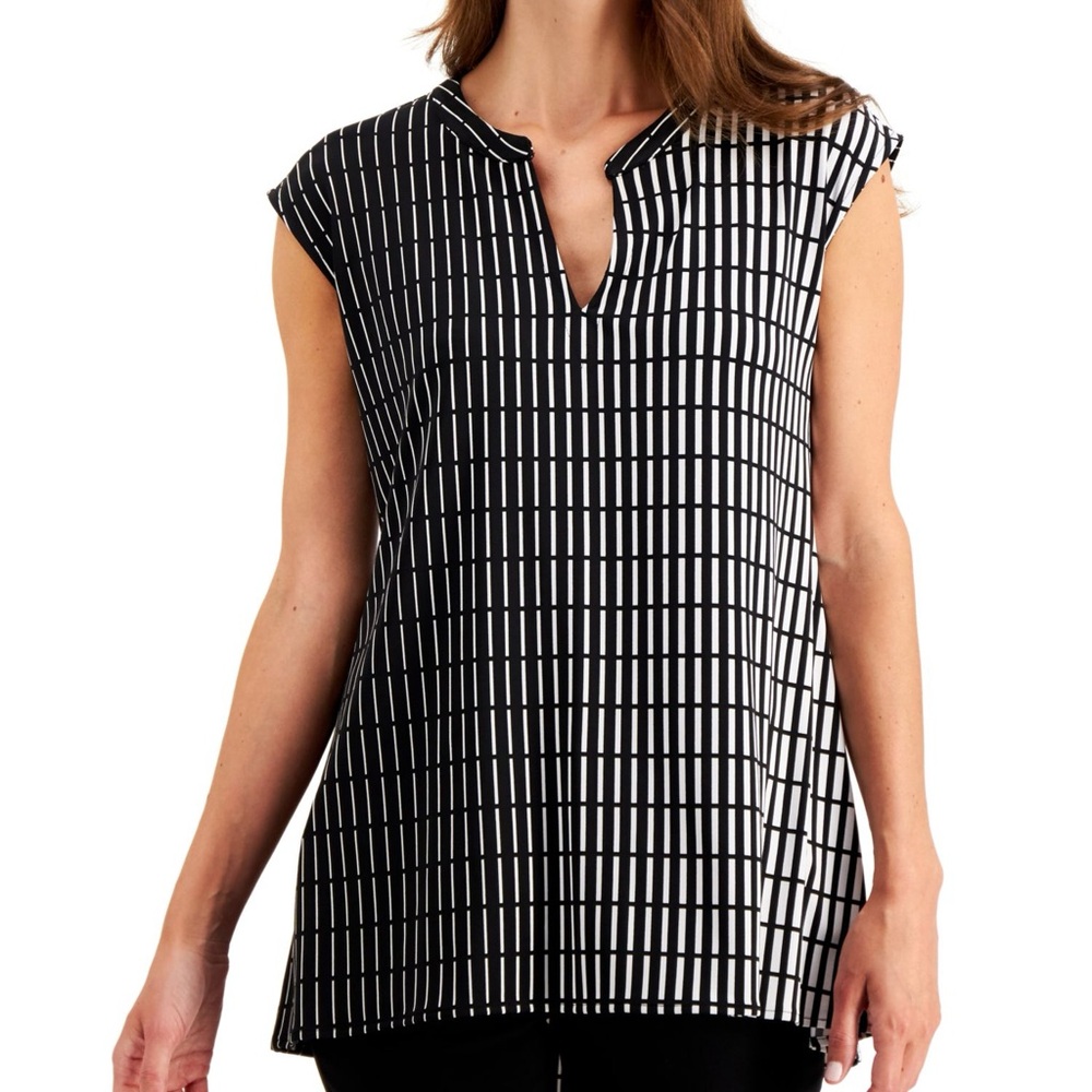 Alfani black white abstract print jersey cap sleeve tunic blouse office blouse M
